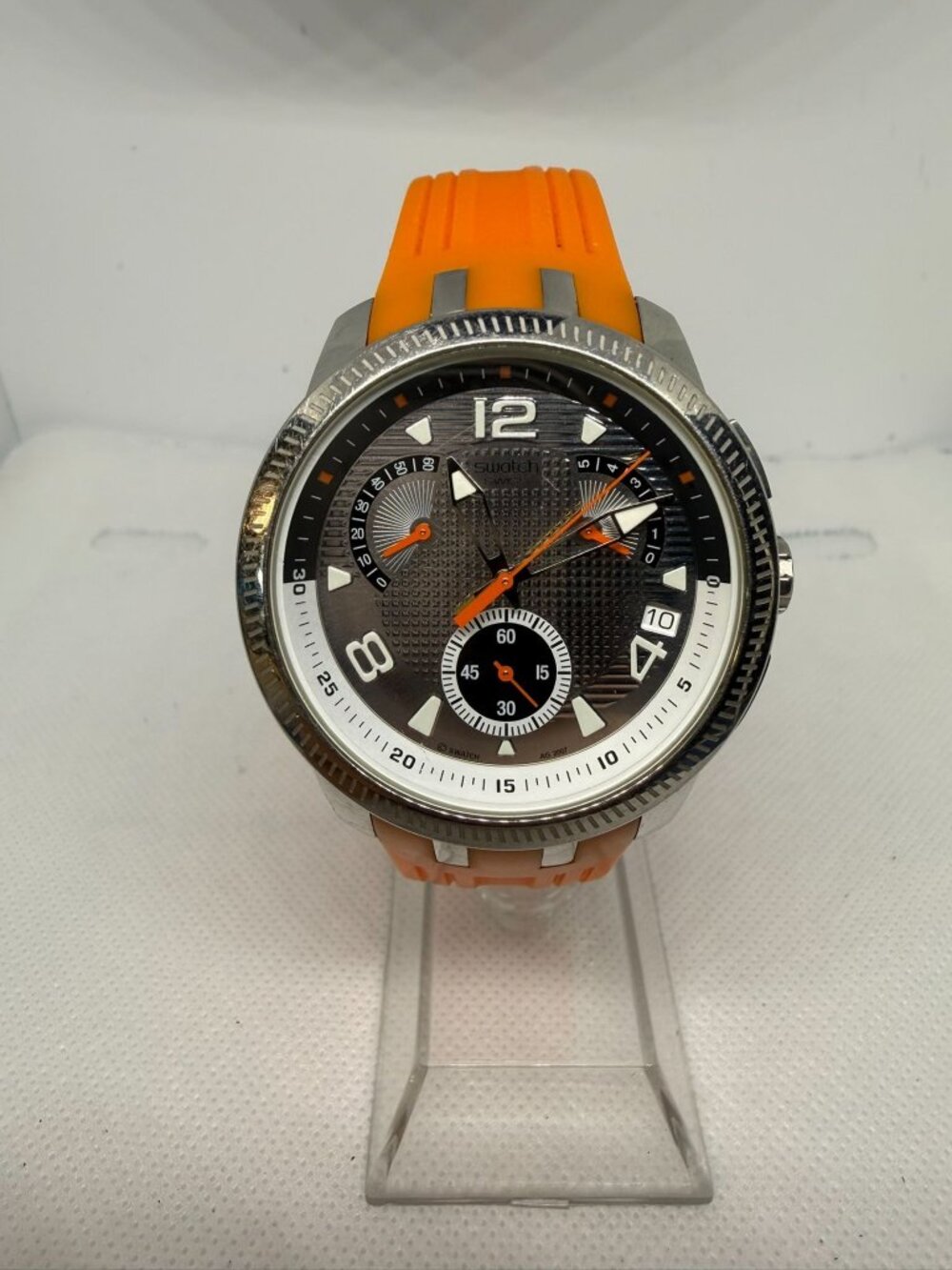 Swatch Irony Retrograde "Bring Back" YRS405 Men's 41mm Orange Chrono Watch
